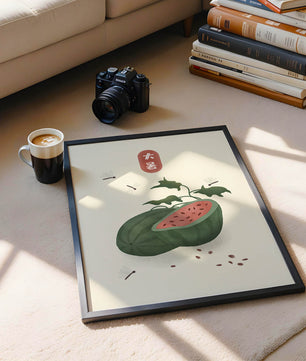 Watermelon With Dragonflies And Asian Script Minimalist Illustration - Mi tienda