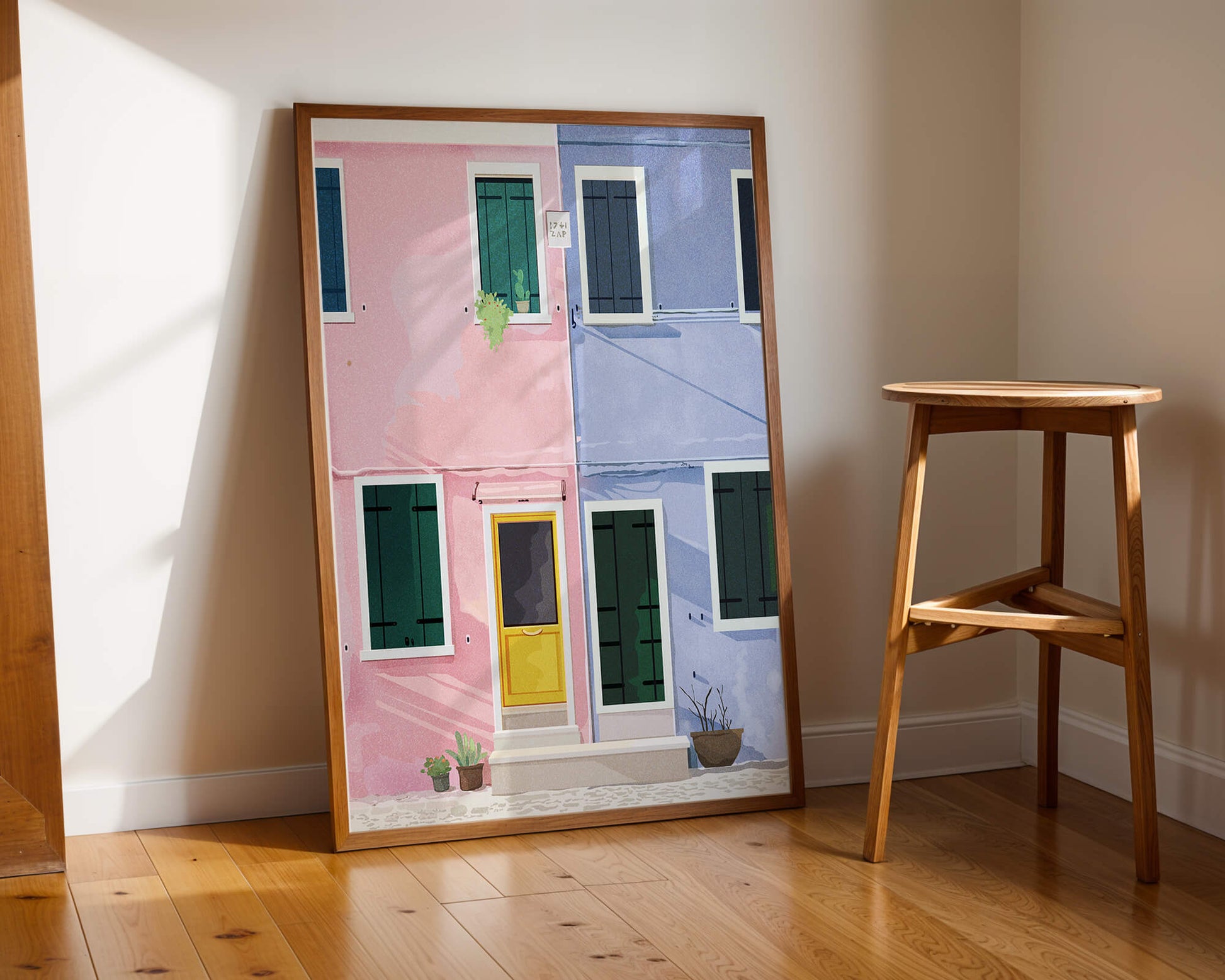Charming pastel houses with colorful doors and windows