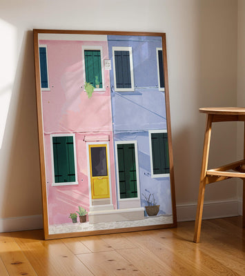 Charming pastel houses with colorful doors and windows