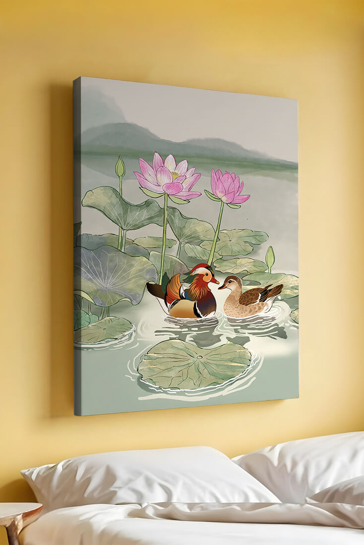 Patos mandarines y flores de loto en un estanque tranquilo