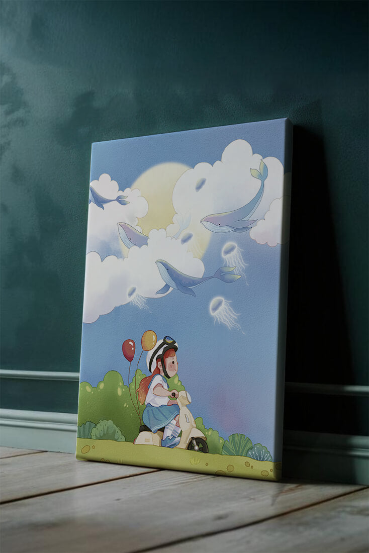 Whimsical illustration of a child riding a scooter with floating whales and balloons