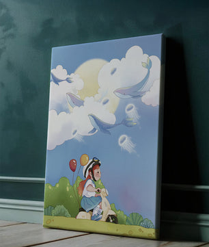 Whimsical illustration of a child riding a scooter with floating whales and balloons