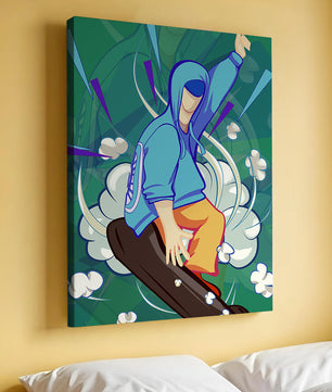 Ilustración abstracta colorida de una persona en movimiento con tonos azules y verdes