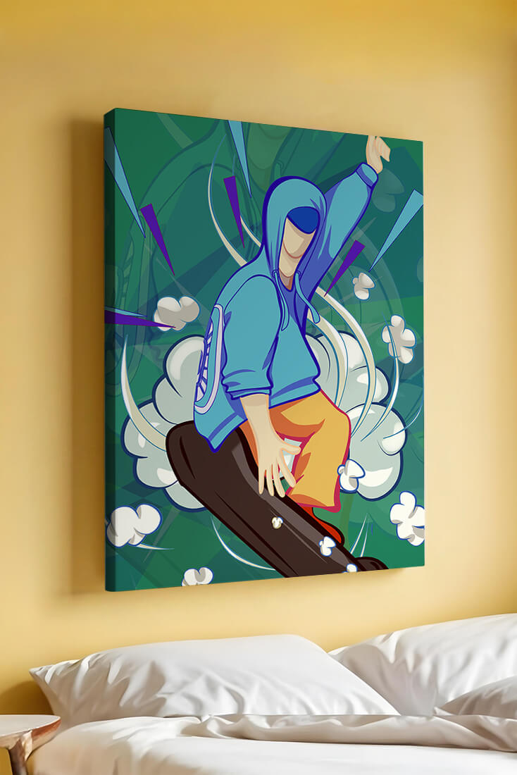 Ilustración abstracta colorida de una persona en movimiento con tonos azules y verdes