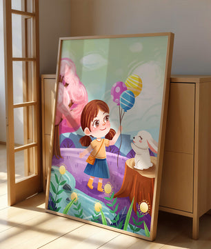 Charming Landscape with Girl Holding Balloons and White Bunny in Enchanted Forest