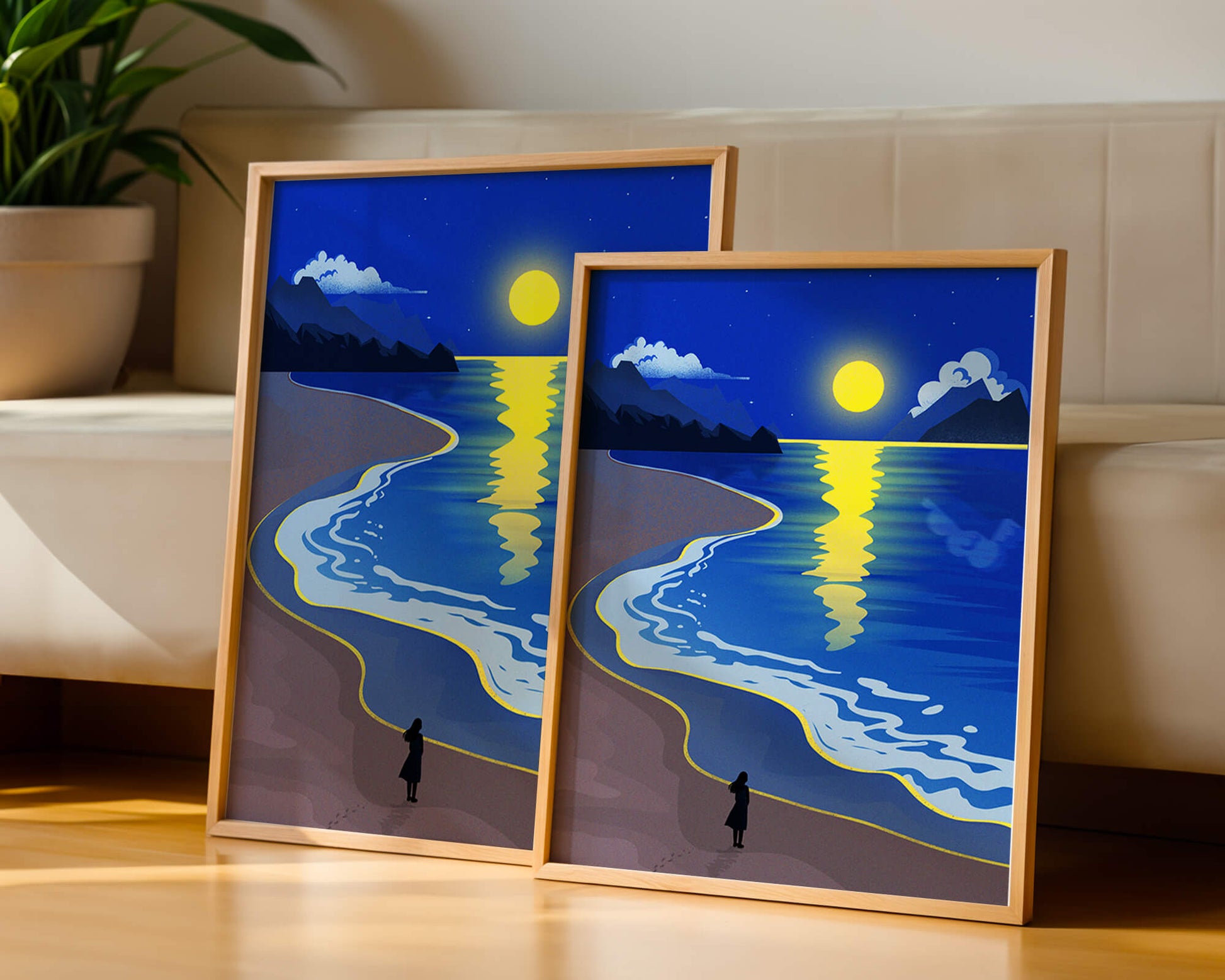 Moonlit Beach with Mountains and Reflections Under Night Sky