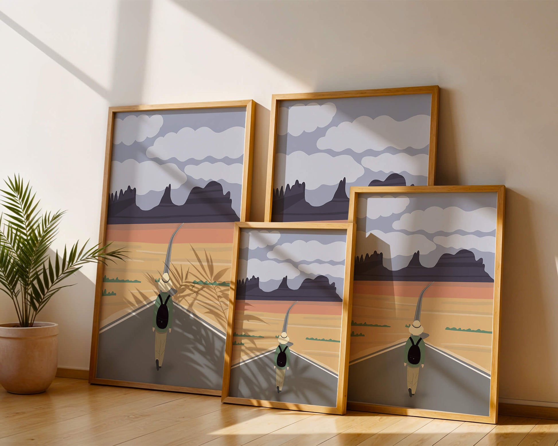 Traveler Walking on Endless Road Toward Mountains