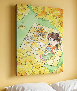 Charming autumn picnic scene with girl and cat surrounded by ginkgo leaves