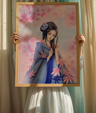 Ilustración elegante de una geisha con kimono azul y hojas rosadas