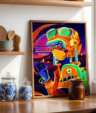 Vibrant futuristic illustration with a colorful character in helmet and flowers