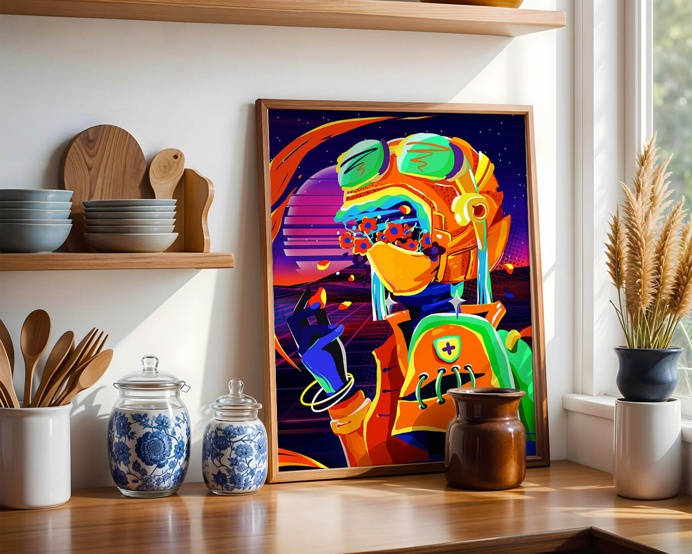 Vibrant futuristic illustration with a colorful character in helmet and flowers