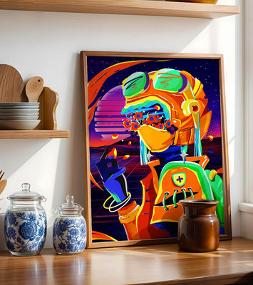 Vibrant futuristic illustration with a colorful character in helmet and flowers
