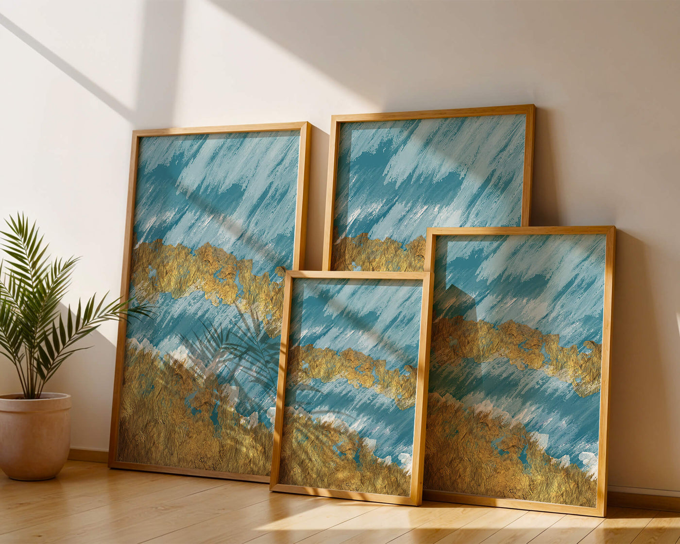 Abstract painting with gold texture and blue background