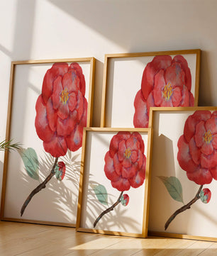Watercolor illustration of a red camellia flower with green leaves