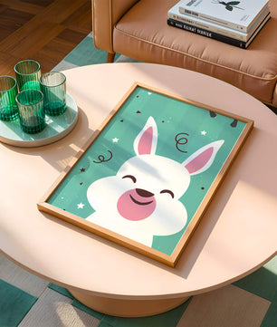 Adorable cartoon bunny on teal background with playful elements
