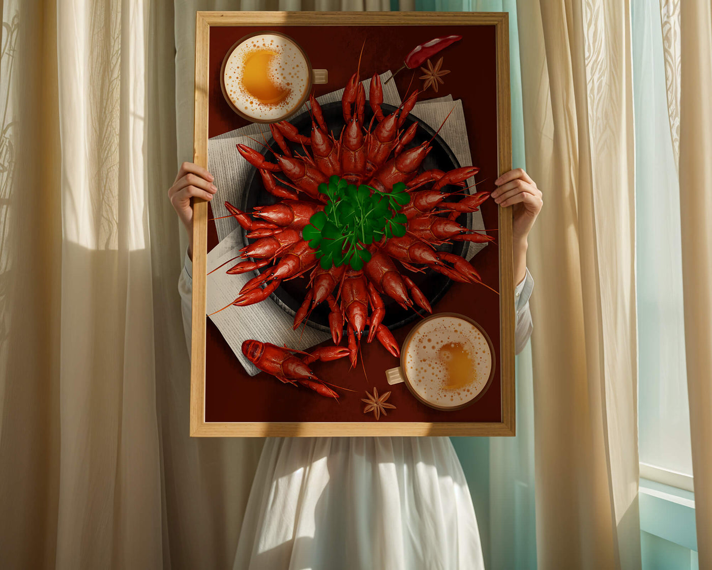 Gourmet seafood platter with crayfish and coffee cups