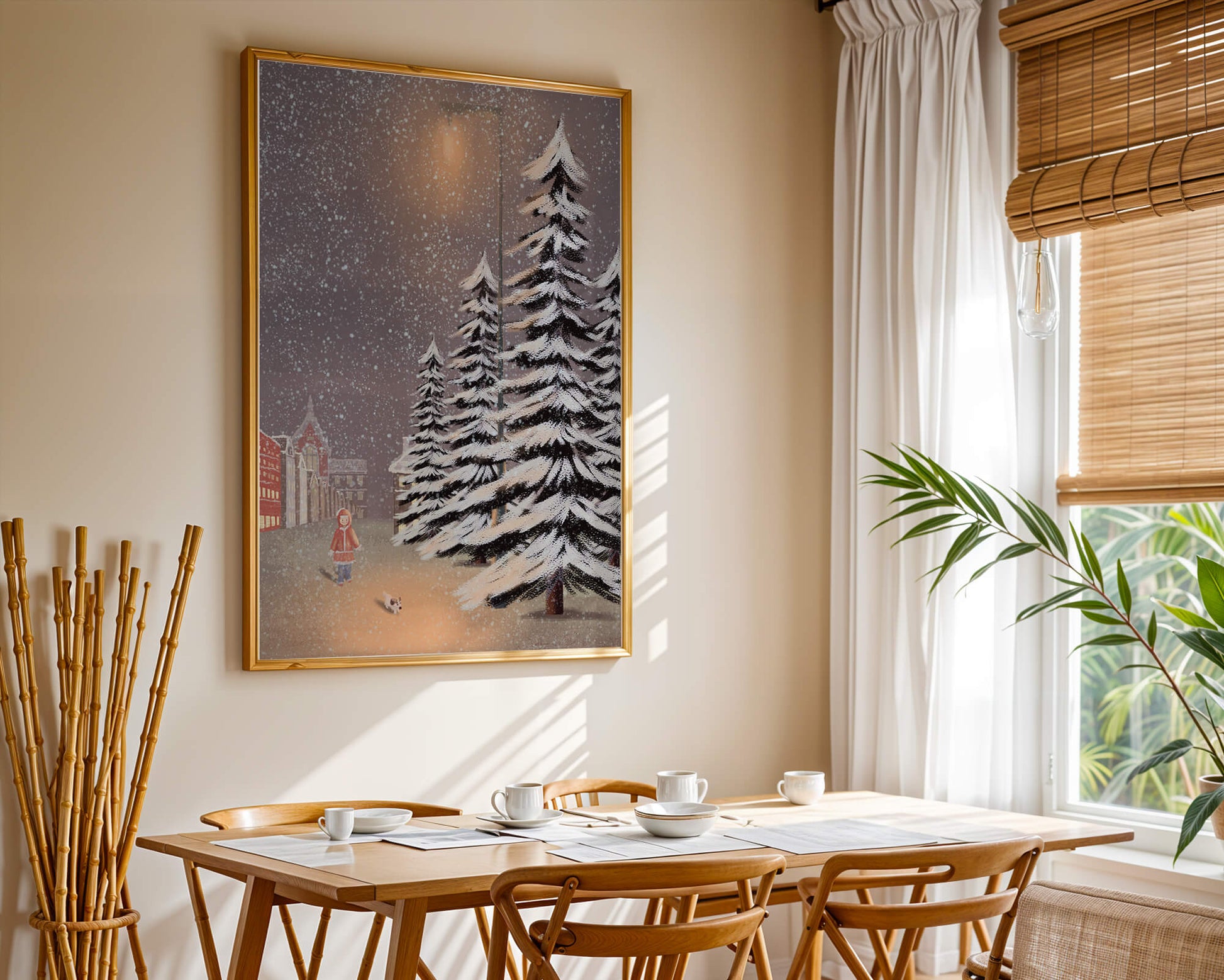Snowy winter scene with a child and dog in a charming town