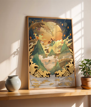 Mythical dragon and warrior painting with golden elements against a mountainous landscape