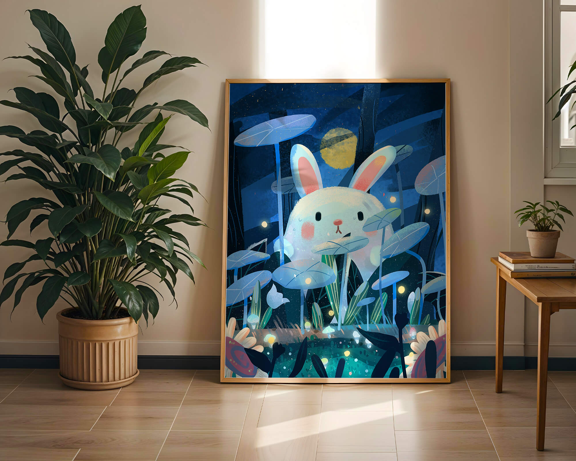 Cute rabbit in a dreamy moonlit forest