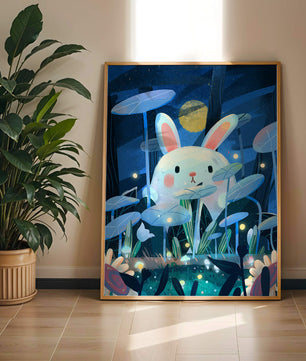 Cute rabbit in a dreamy moonlit forest