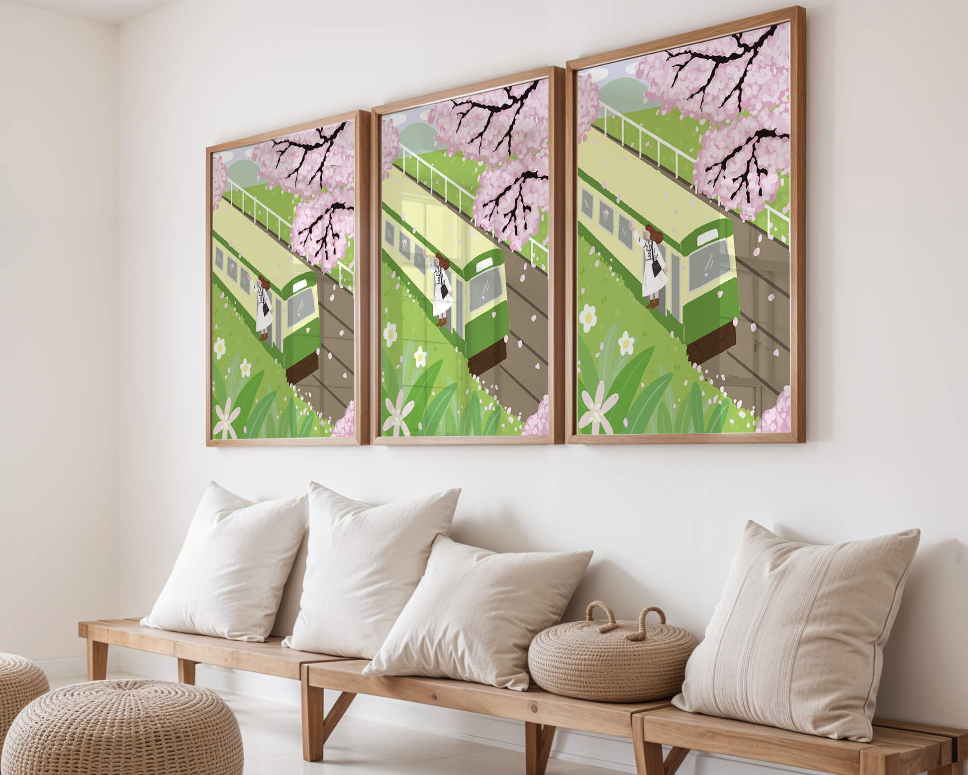 Cherry Blossoms and Train Scene in Spring Landscape