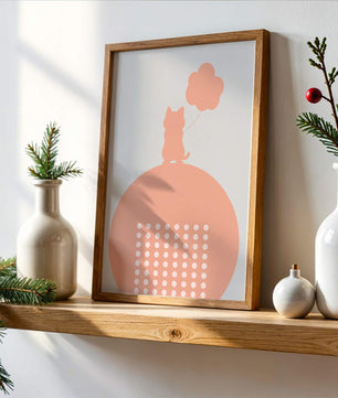 Katzensilhouette mit Ballon auf minimalistischem Kreishintergrund