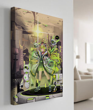 Chica de anime futurista con aura verde y compañeros robóticos en un paisaje urbano de ciencia ficción