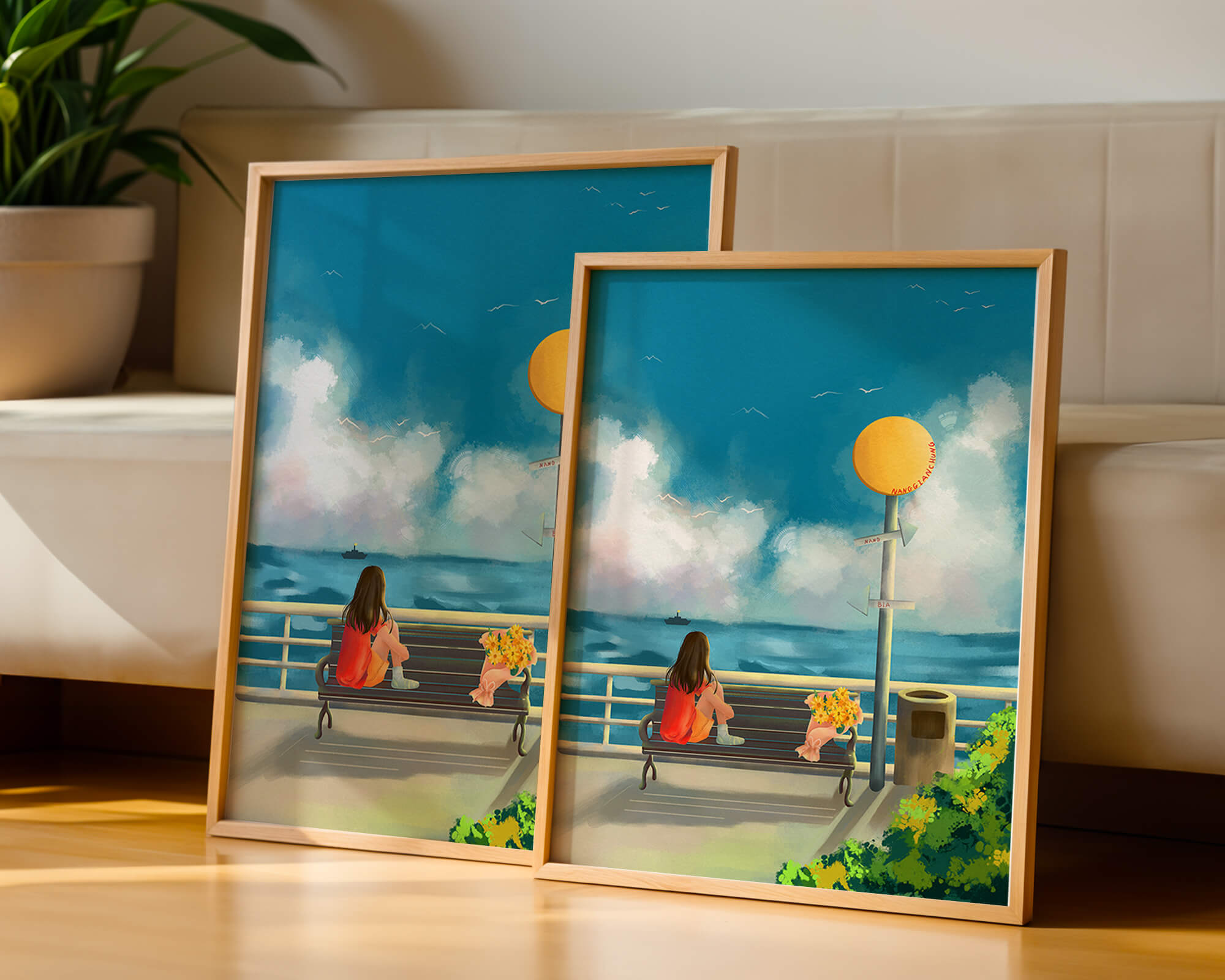 Serene waterfront scene with woman on bench facing the sea
