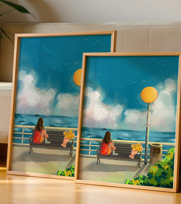 Serene waterfront scene with woman on bench facing the sea