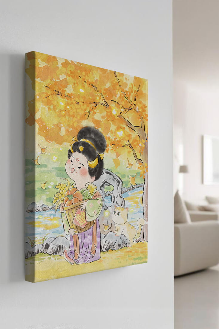 Charming watercolor scene of girl with basket in autumn setting