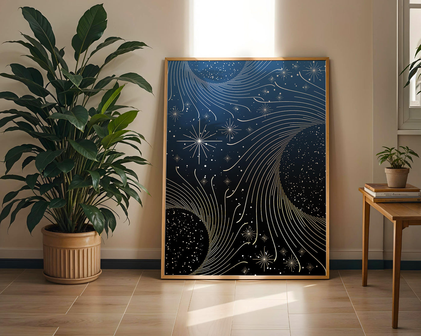 Elegant starry night with golden cosmic swirls