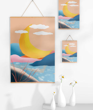 Abstract Landscape with Yellow Crescent and Pastel Colors