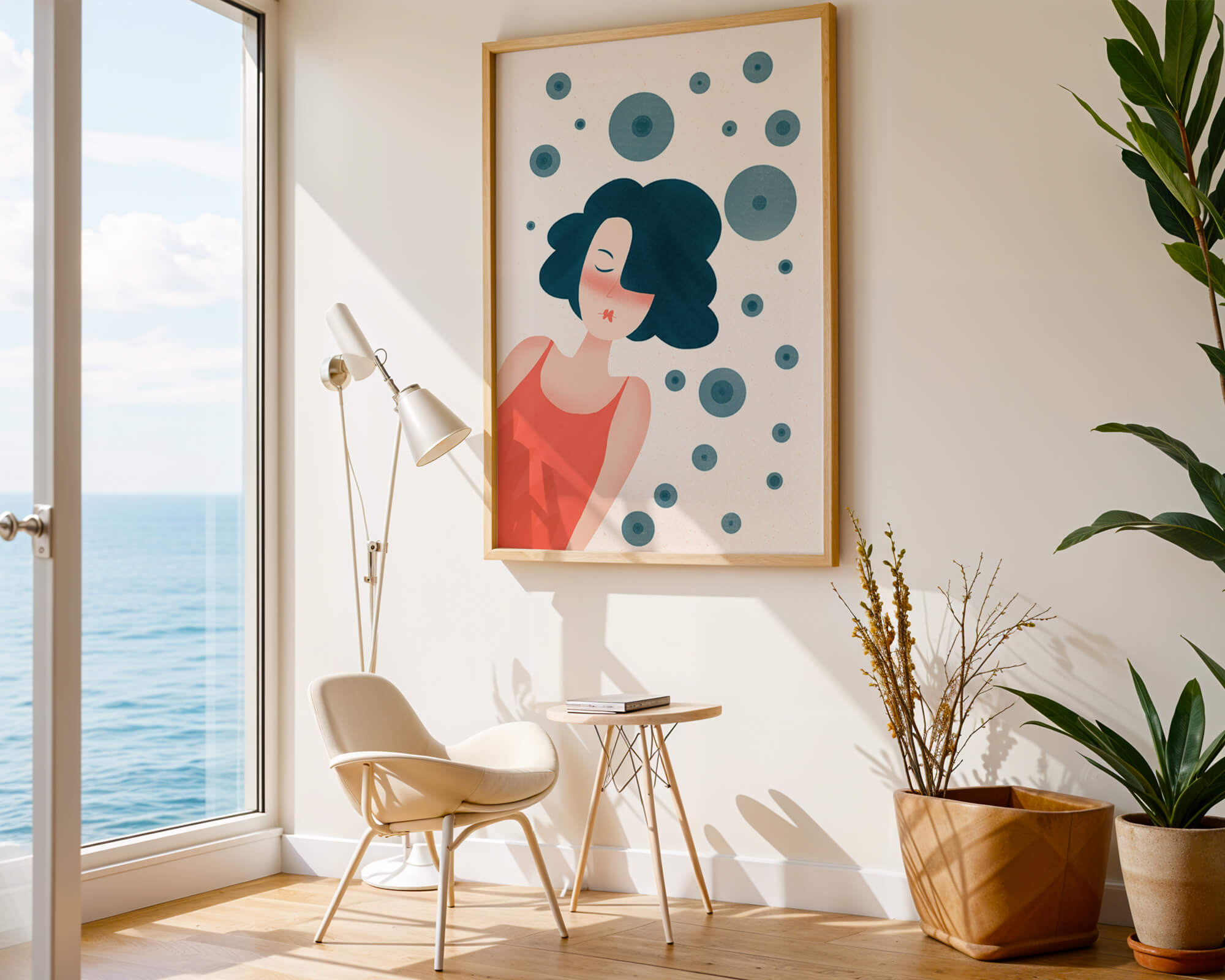 Dreamy Female Portrait with Abstract Circles in Modern Art Style - Mi tienda