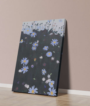 Field Of Blue And White Daisies On A Dark Background