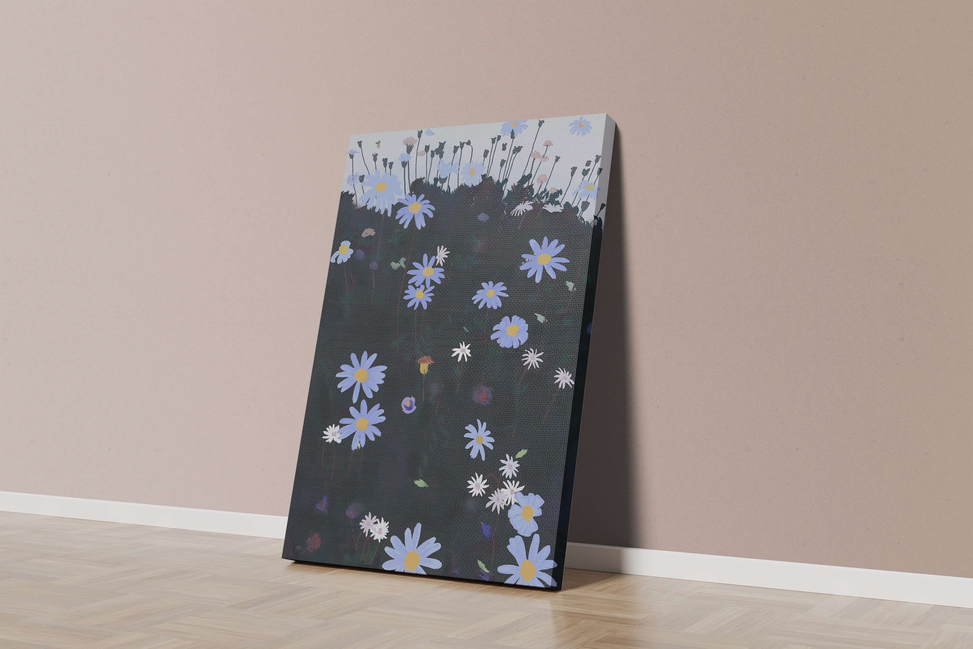 Field Of Blue And White Daisies On A Dark Background