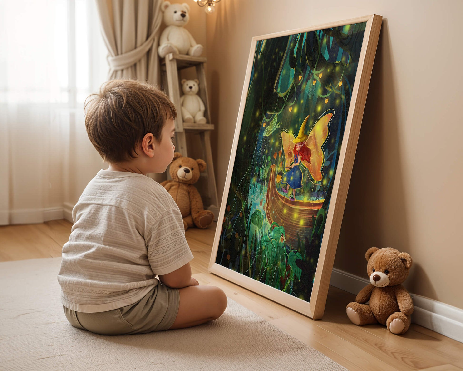 Fairy in an enchanted forest with glowing butterflies and lanterns
