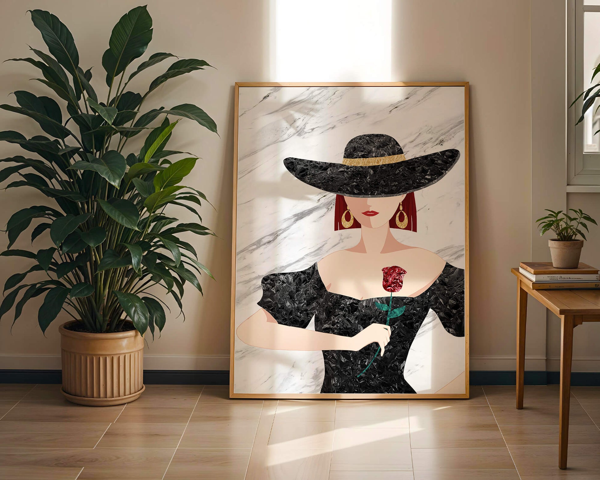 Elegant woman in wide-brimmed hat holding a rose on marble background