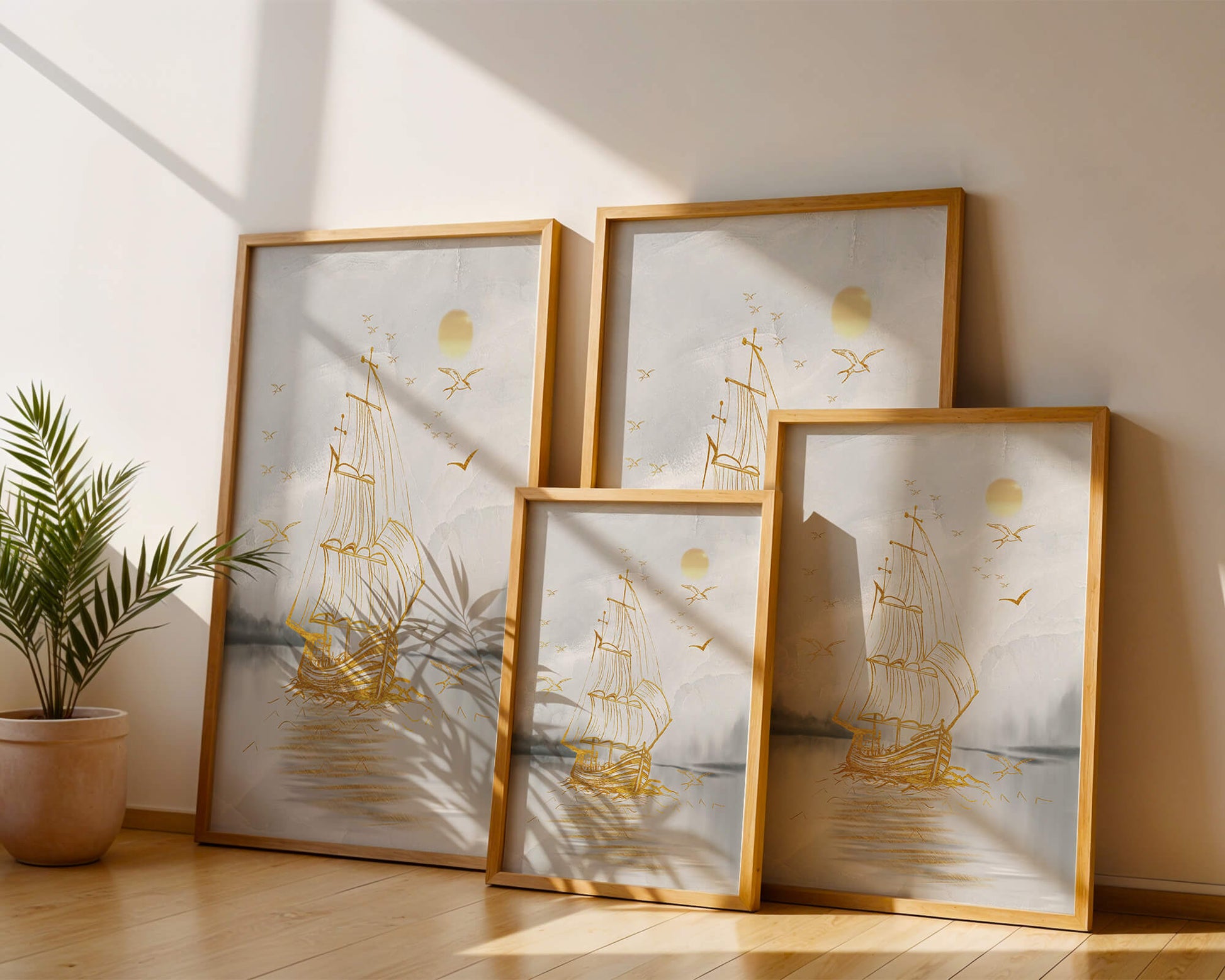 Serene nautical scene with golden sailboat at sea