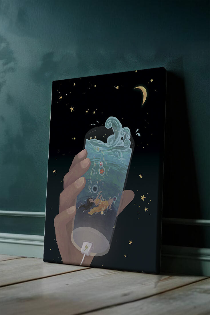 Abstract night sky scene with hand holding a glass of swirling water