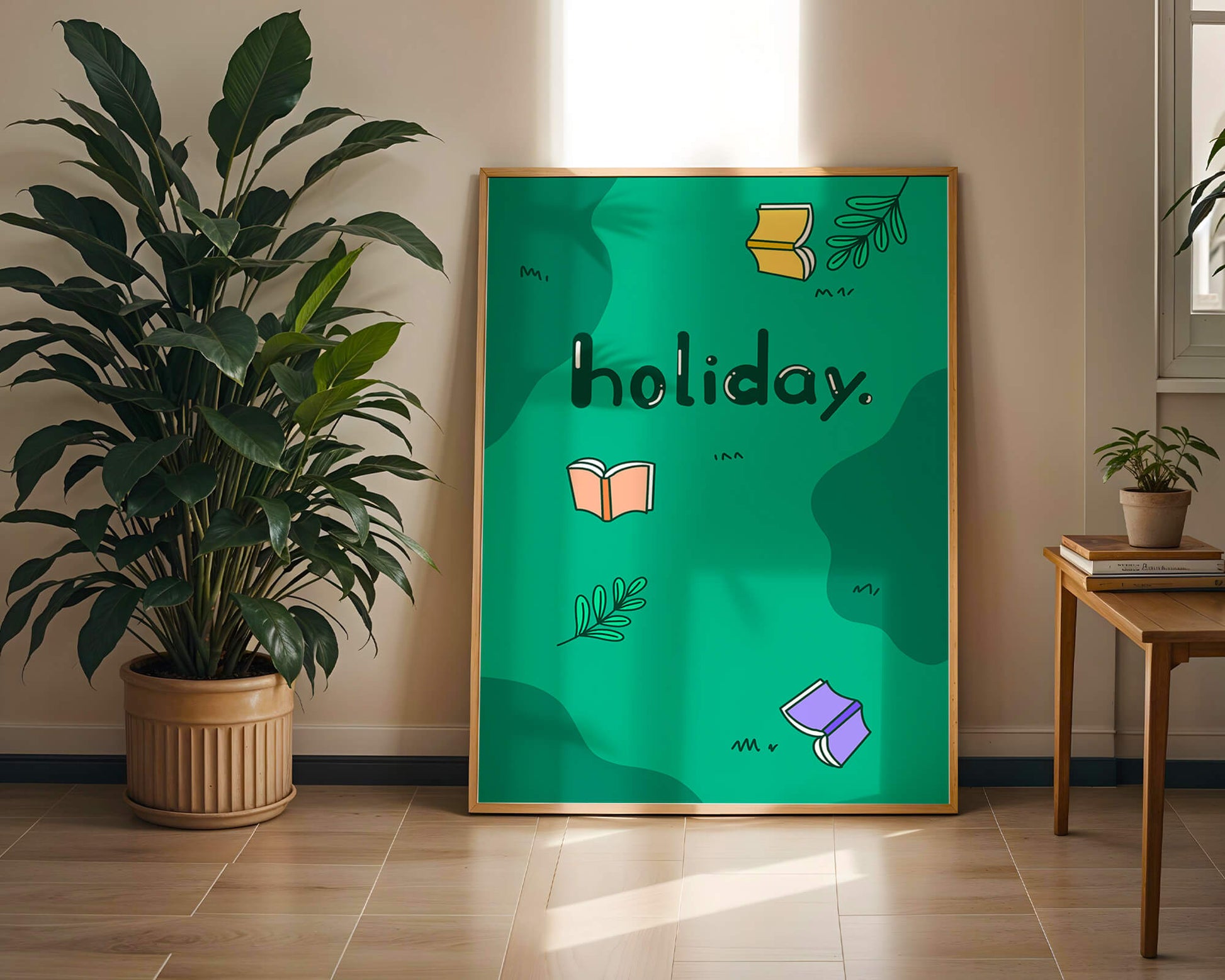 Colorful holiday-themed design with books and leaves