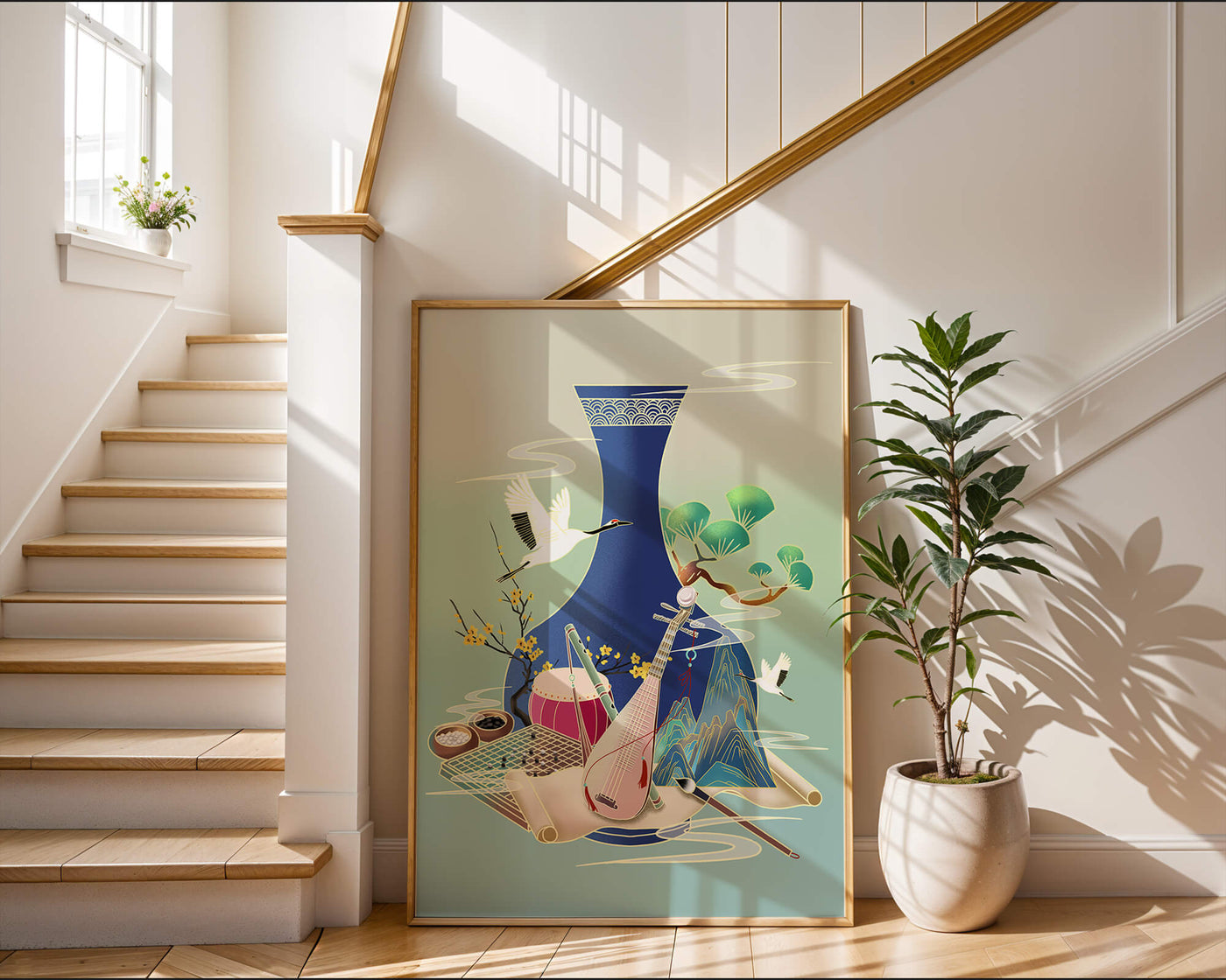 Traditional Asian art scene featuring vase, musical instruments, and cranes