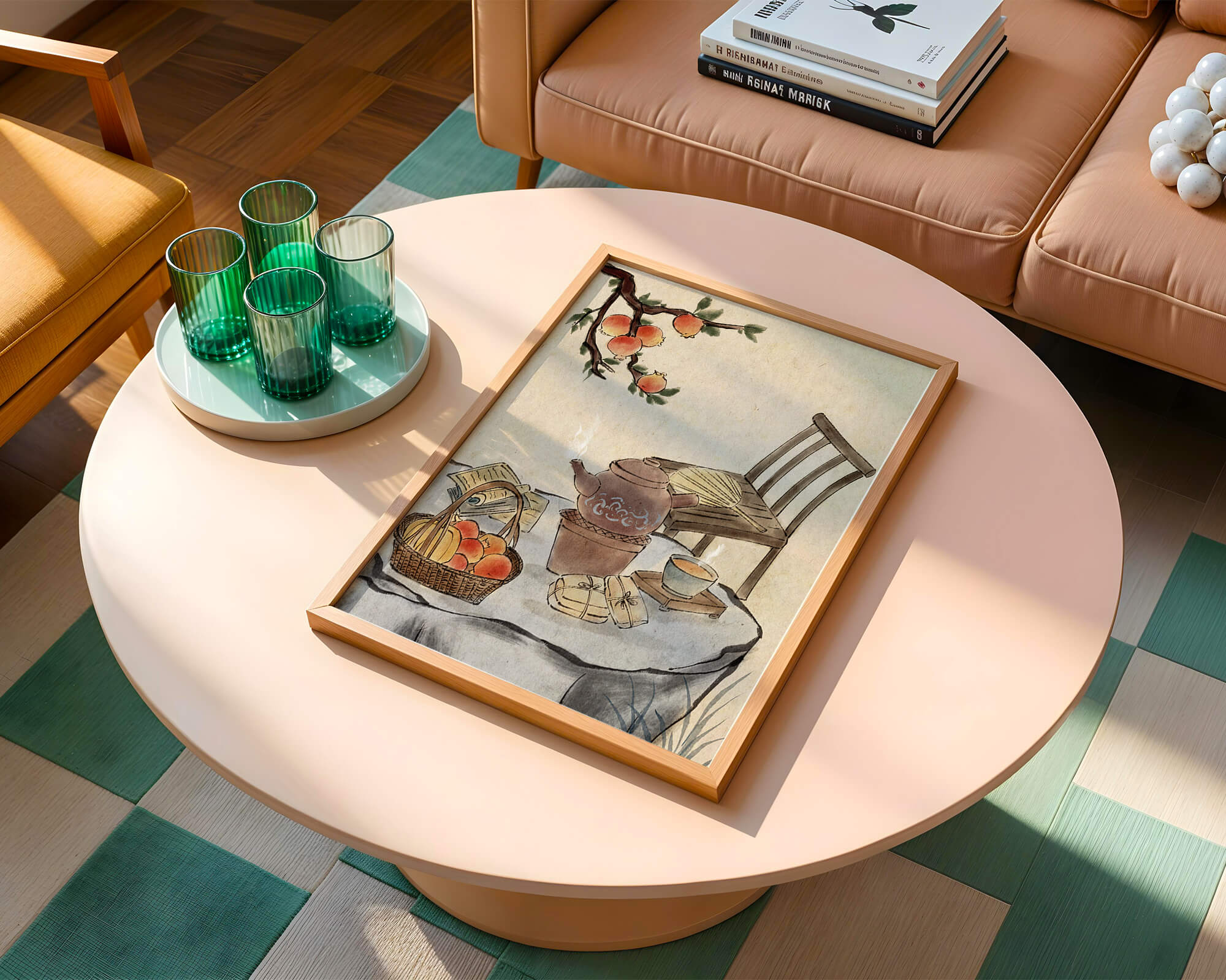 Watercolor painting of tea time setting with fruits and wooden chair