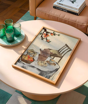 Peinture à l’aquarelle d’un moment de dégustation de thé avec des fruits et une chaise en bois