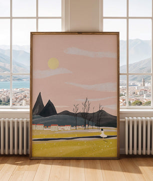 Serene landscape with mountains, village, and a girl under a pink sky