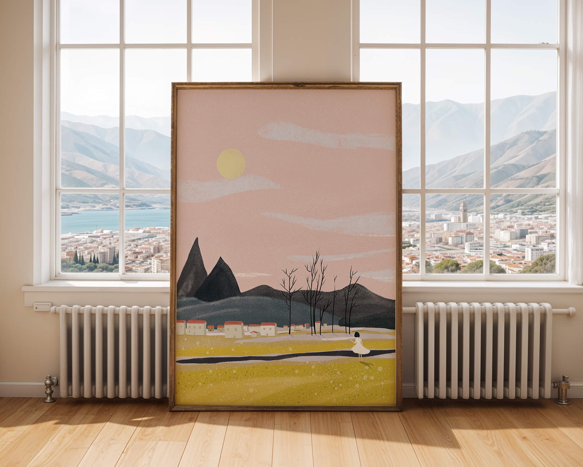 Serene landscape with mountains, village, and a girl under a pink sky