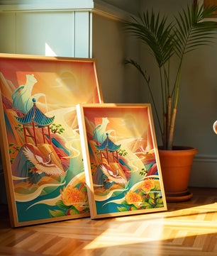 Mystical landscape with cranes and serene mountains