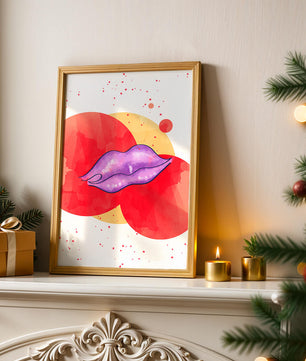 Vibrant Abstract Artwork Featuring Purple Lips on Watercolor Background