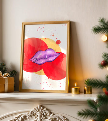 Vibrant Abstract Artwork Featuring Purple Lips on Watercolor Background