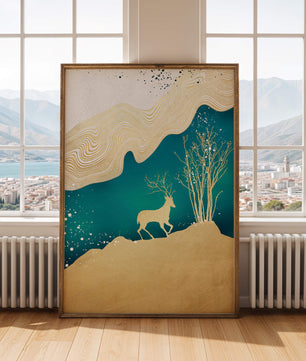 Elegante abstrakte Kunst mit goldenem Hirsch und Naturthema