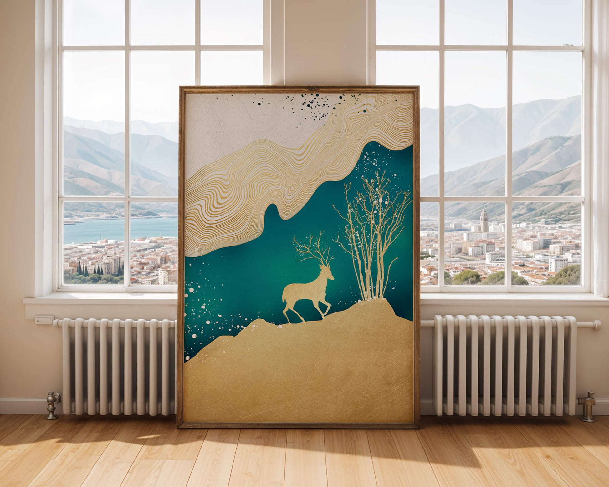 Elegante arte abstracto con ciervos dorados y temática de naturaleza.